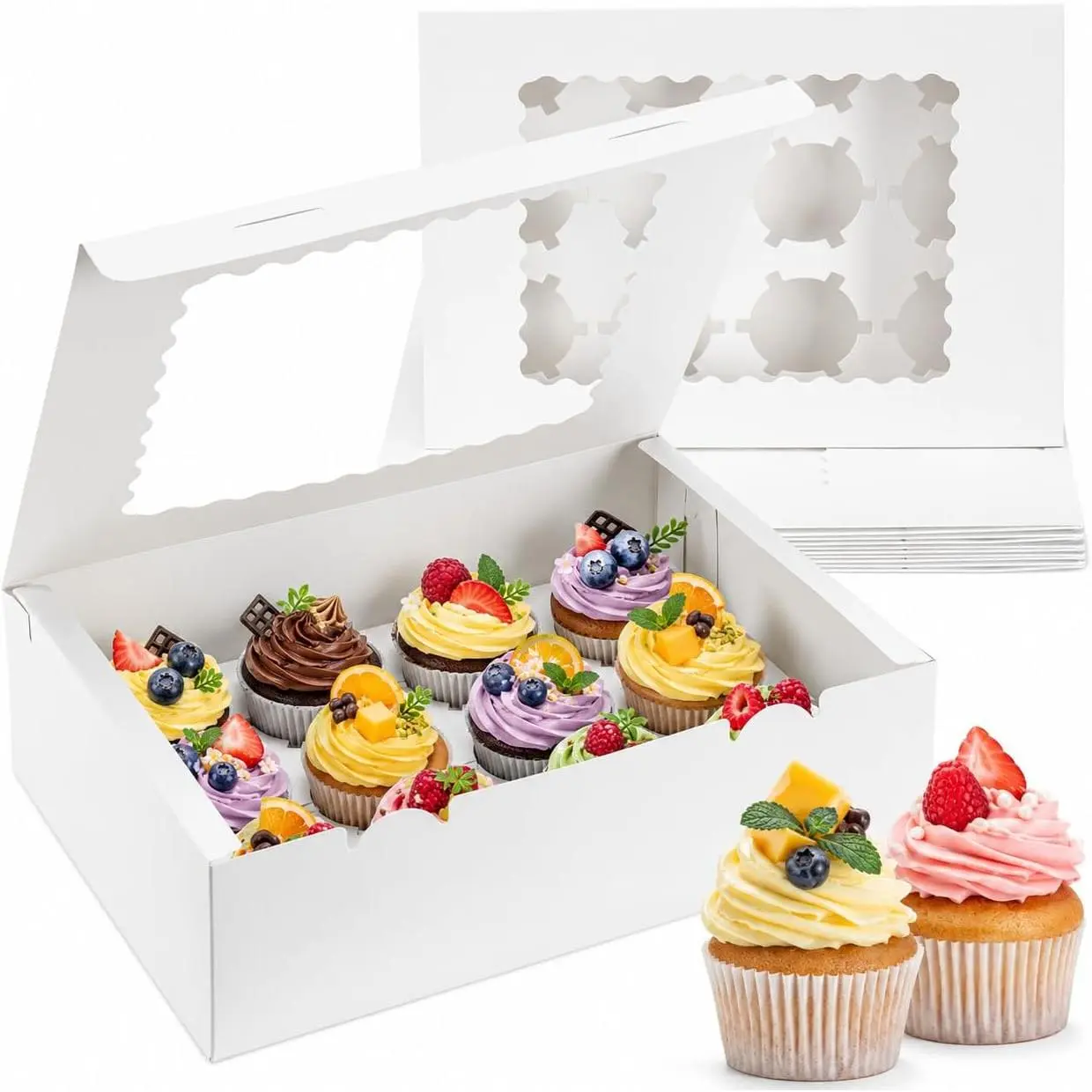 12 Count Cupcake Boxes, 4 count Cupcake Container with Window and Inserts | Cupcake Holder, Boxes Holding 48 Pastry Box for Birthday Holiday Party, Bakery Supplies for Cupcakes, Desserts (White)