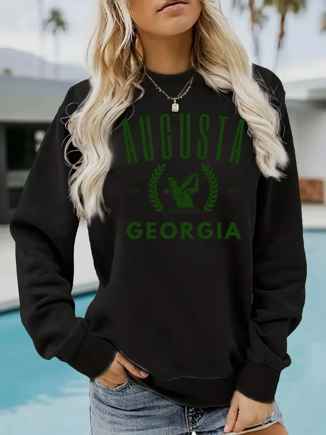 Women's Casual Augusta Retro Golf Pattern Sweatshirt, Soft Long Sleeve Crew Neck Fleece Pullover, All Seasons Comfort