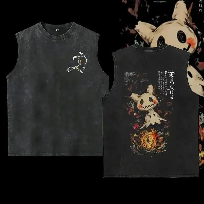 Cute Elf Anime Double Sided Printed Water Washed Tank Top Oversized Thick Soft Cotton Retro Loose Fit Sleeveless Hand Washable Casual Streetwear Cosplay Dress Up Unisex Fan Gift Top for Men Women