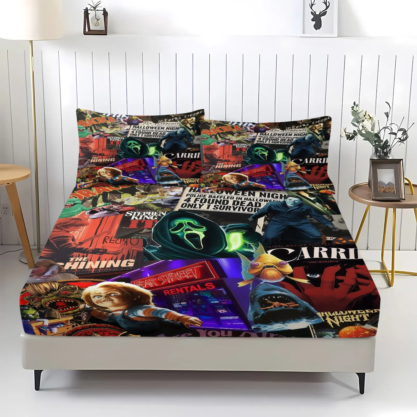Halloween Themed Fitted Sheet, Dark Grimace Print, Non-Slip Dustproof Soft Bedding for Bedroom & Dorm, Ideal Housewarming & Christmas Gift. Includes 1 Fitted Sheet and 2 Pillowcases, Pillow Inserts Not Included