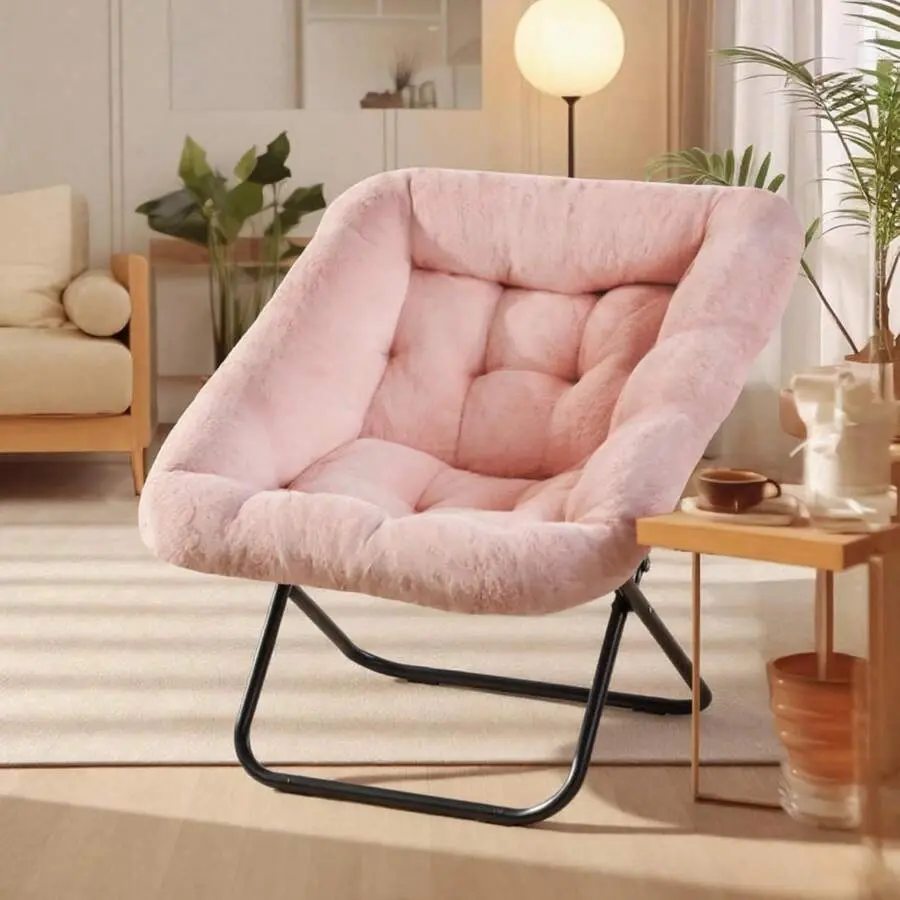 Comfy Chair For Adults, Soft Faux Fur Folding Lounge For Bedroom Living Room Dorm Rooms Flexible Reading Chair For Teens, Large Size Foldable,Square-Pink