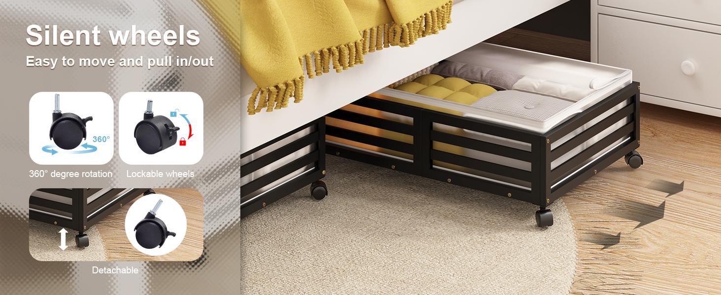 Bed with Wheels-Large Bamboo Underbed Containers with Large Dust Bag Stackable the Bed Shoe Bins for Clothes Books Bedding (2 Packs Black, 23.62"L*16.54"W* 6.51"H)