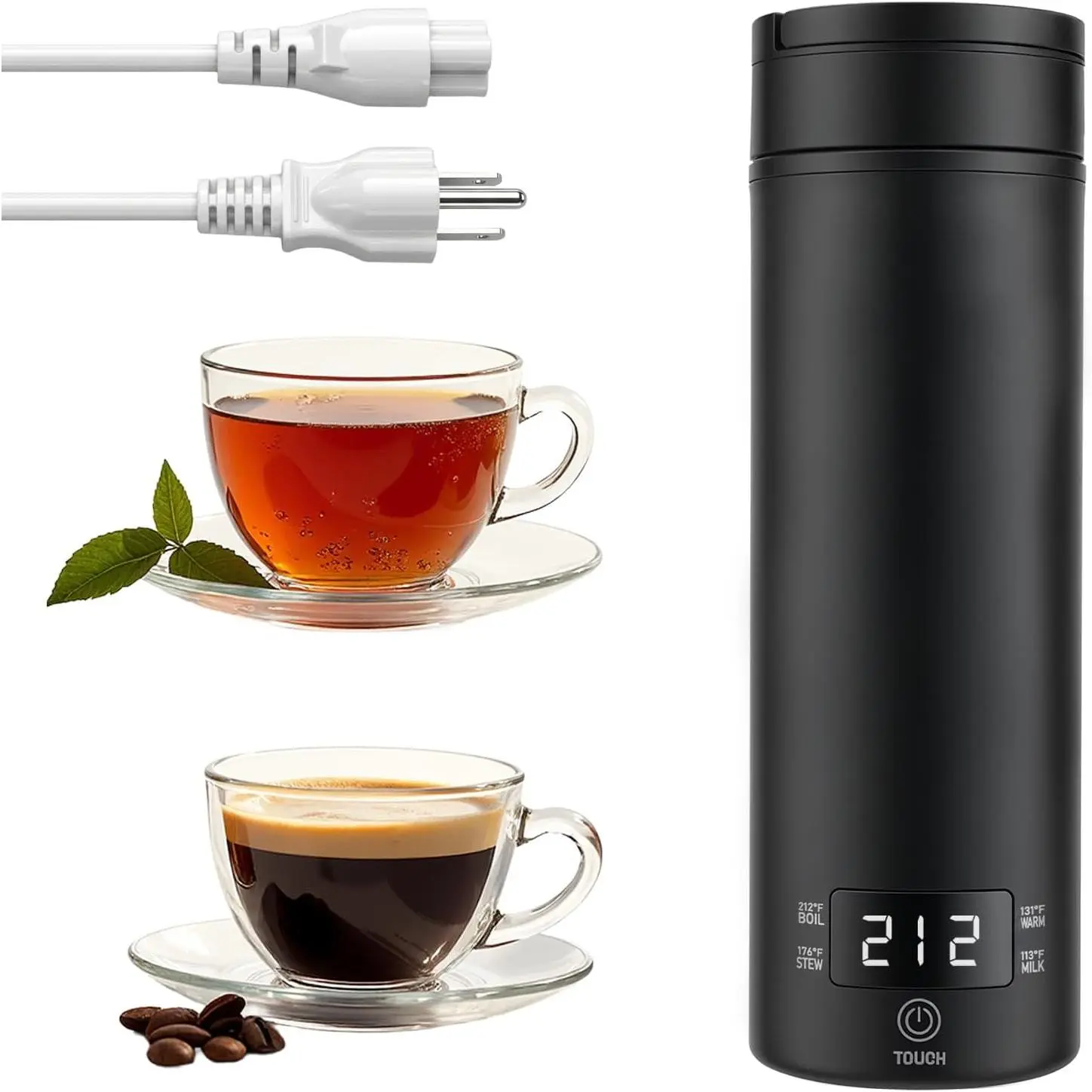 120V Compact Travel-Ready Electric Tea Kettle, Cylindrical Home Supply, 316 Stainless Steel Premium Liner, 4-Speed Temp. Selection, Auto Shut-Off, Boil-Off Protection, Black Unit for Travelers