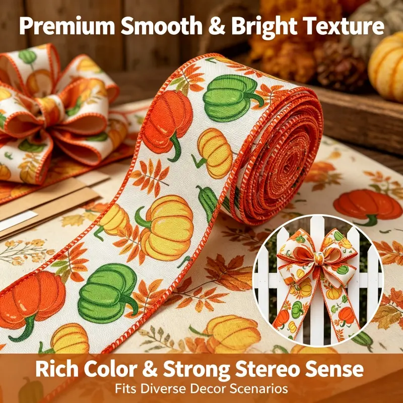 5yd/63mm(2.5inch) Wired Ribbon Fall Harvest Thanksgiving Orange-yellow Pumpkin Maple Leaf Bow Ribbon Gift Wrapping Floral Decor Bow Making Handmade DIY Bouquet Wrapping