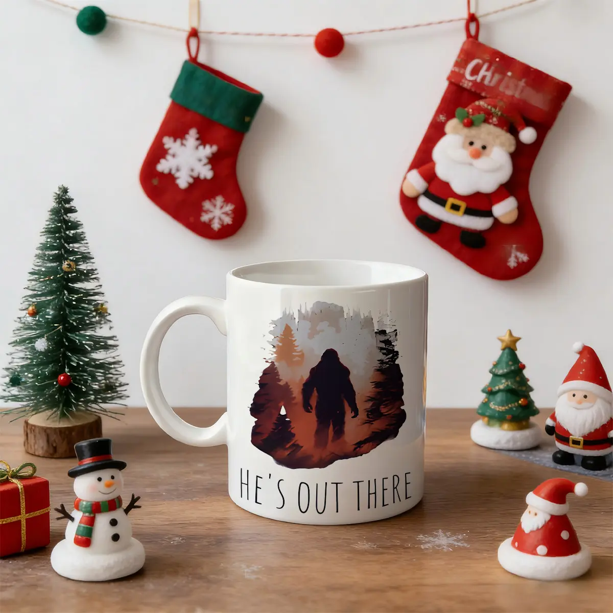 1pc 11oz Insulated Mug with Bigfoot Forest Design  _HE's OUT THERE_ Text - Camping, Hiking, Home Use - Perfect Sasquatch Lover Christmas Gift, Outdoor Drinkware _ Cozy Aesthetic Mug _ Insulated D