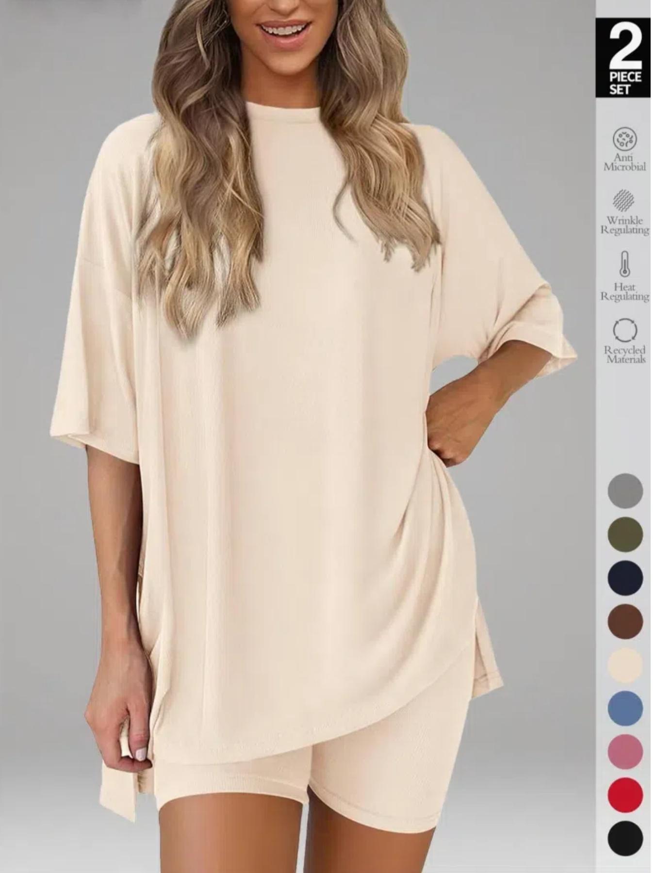 Women's Solid Color T-Shirt and Tight Shorts Loungewear Set, Casual Comfortable Round Neck Sleepwear for Summer, Features Pockets and Suitable for Outdoor Wear