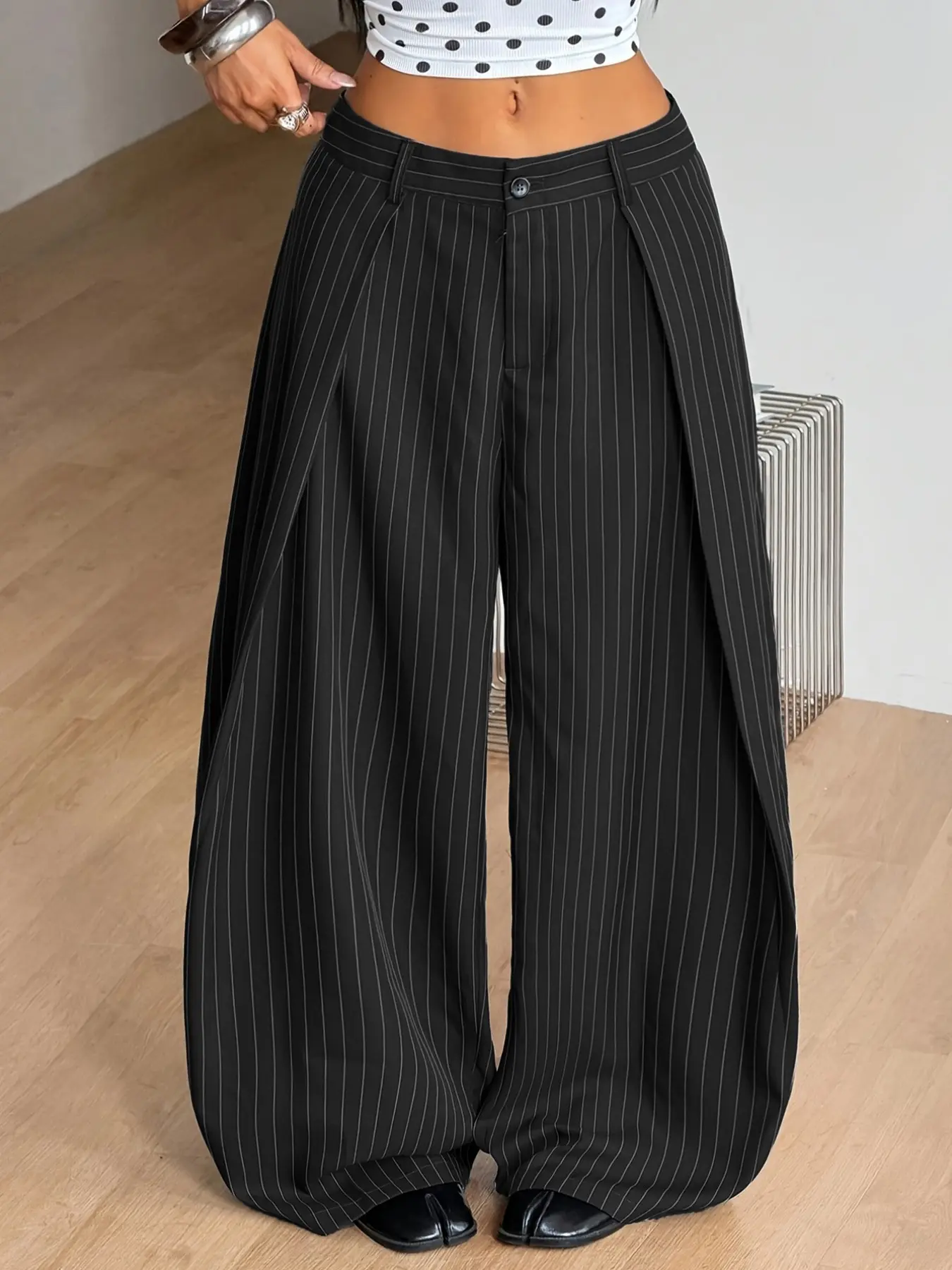Women's Elegant Striped Wide Leg Pants, Loose Fit, Elastic Waist, Long or Regular Length, All Seasons, Urban Commute, Office Casual Wear, Casual Wear