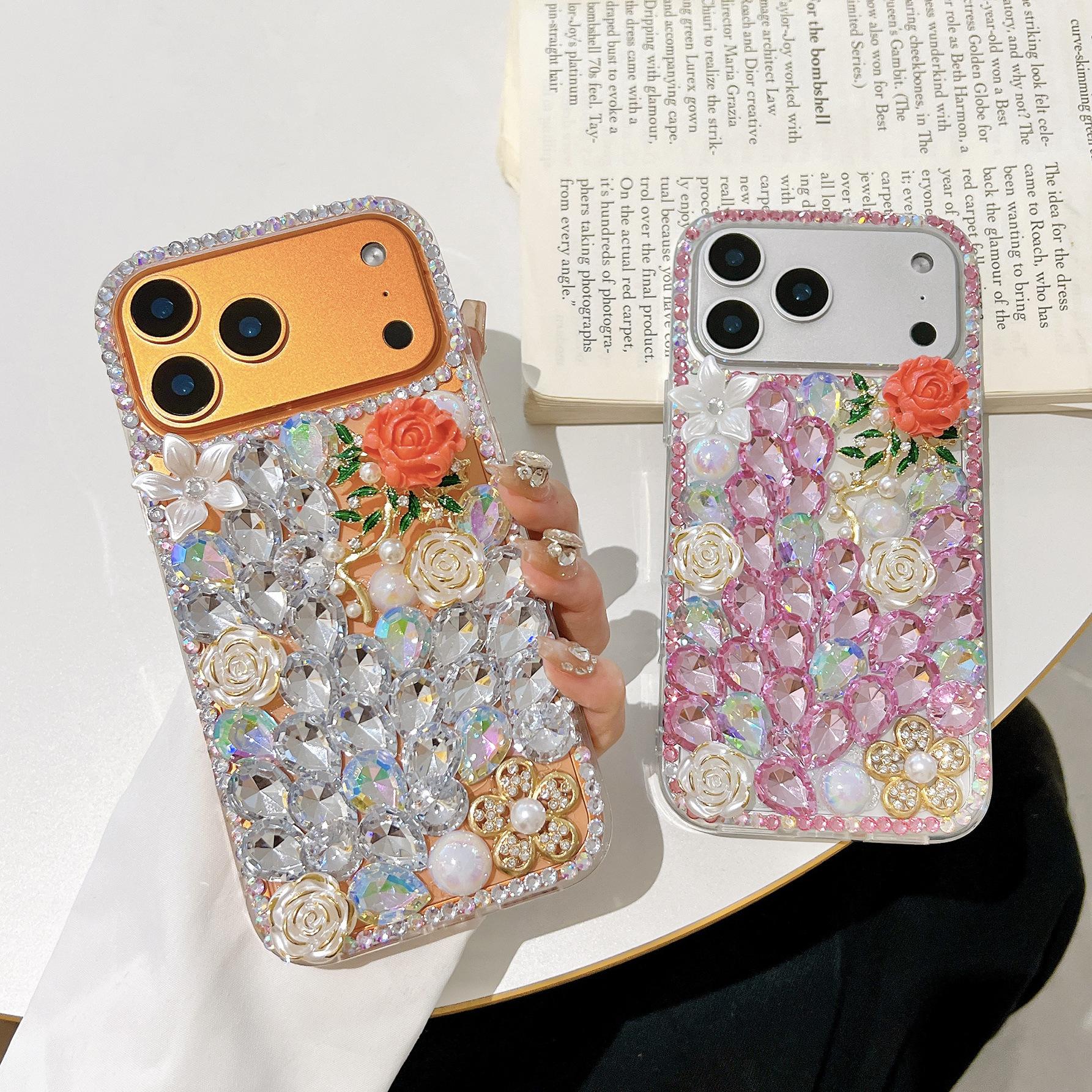 Suitable for Apple 14 Pro phone case, red rose rhinestone iPhone 17 Pro luxury full-cover 15 three-dimensional protective case