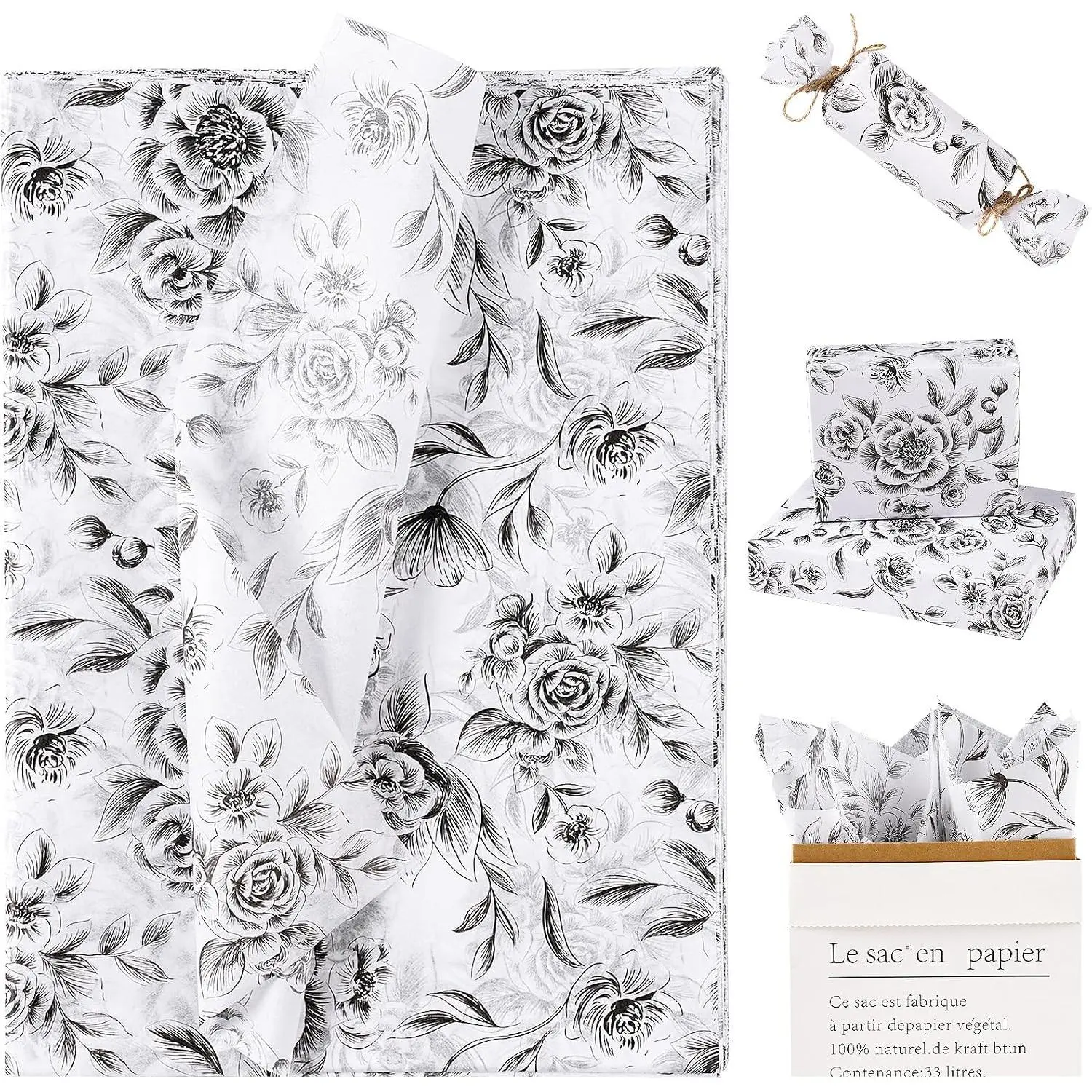 Floral Tissue Paper, Black White  Hand-Drawn Flower Design Wrapping Tissue for  Bags, Bouquet Packaging, Wedding, Bridal Shower, Art Crafts, 19.5 x 27.5 Inches, 25 Sheets