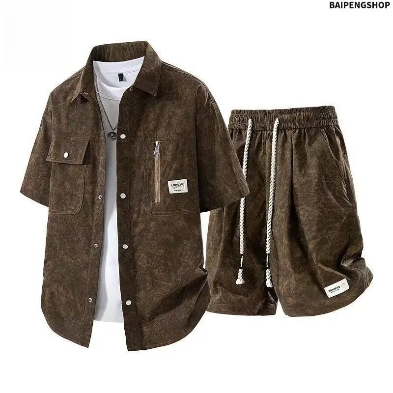Men's 2026 Hot American Retro Detroit Two Piece Set, Cleanfit Tie Dye Workwear Short Sleeve Shirt & Shorts Matching Outfit, Casual Stylish Summer Co Ord Suit, Lightweight Versatile Streetwear for Men, Ideal for Daily Wear, Outdoor Activities & Vacation
