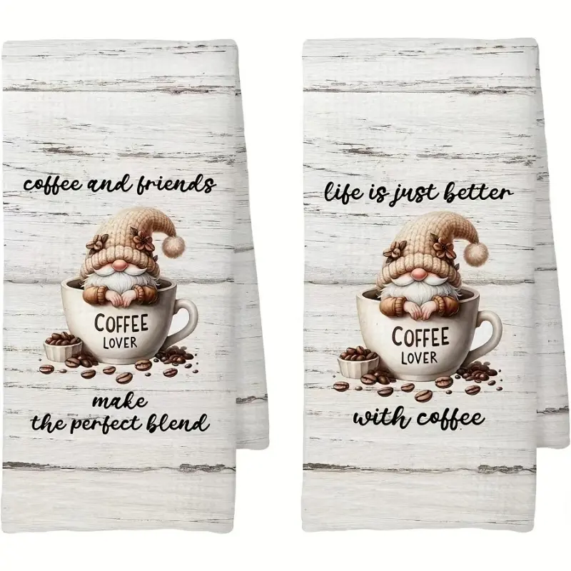 2-Pack Coffee Lover Kitchen Towels - Highly Absorbent Polyester, Fun Gnome and Coffee Cup Design, 16x24 Inch Decorative Tea Towel Set, Modern Kitchen Decor, Gift for Women and Girls, Coffee Accessories