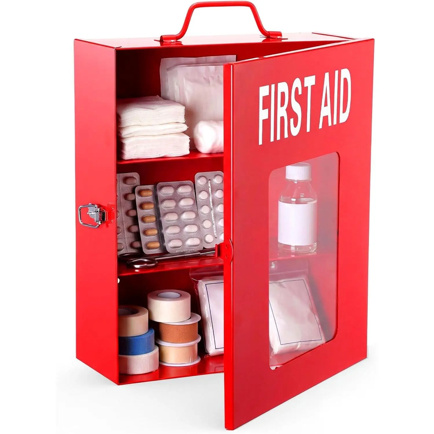 Timgle Locking Wall Mount First Aid Medicine Cabinet, 3 Shelf, Red