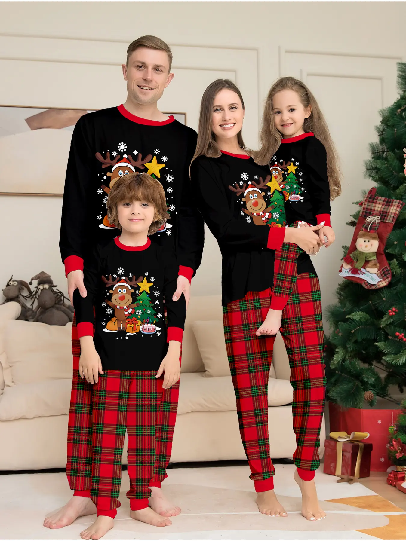 Reindeer Christmas Tree Pajama Set, Family Matching Holiday, Soft Breathable Fabric, Perfect for Festive Photoshoots