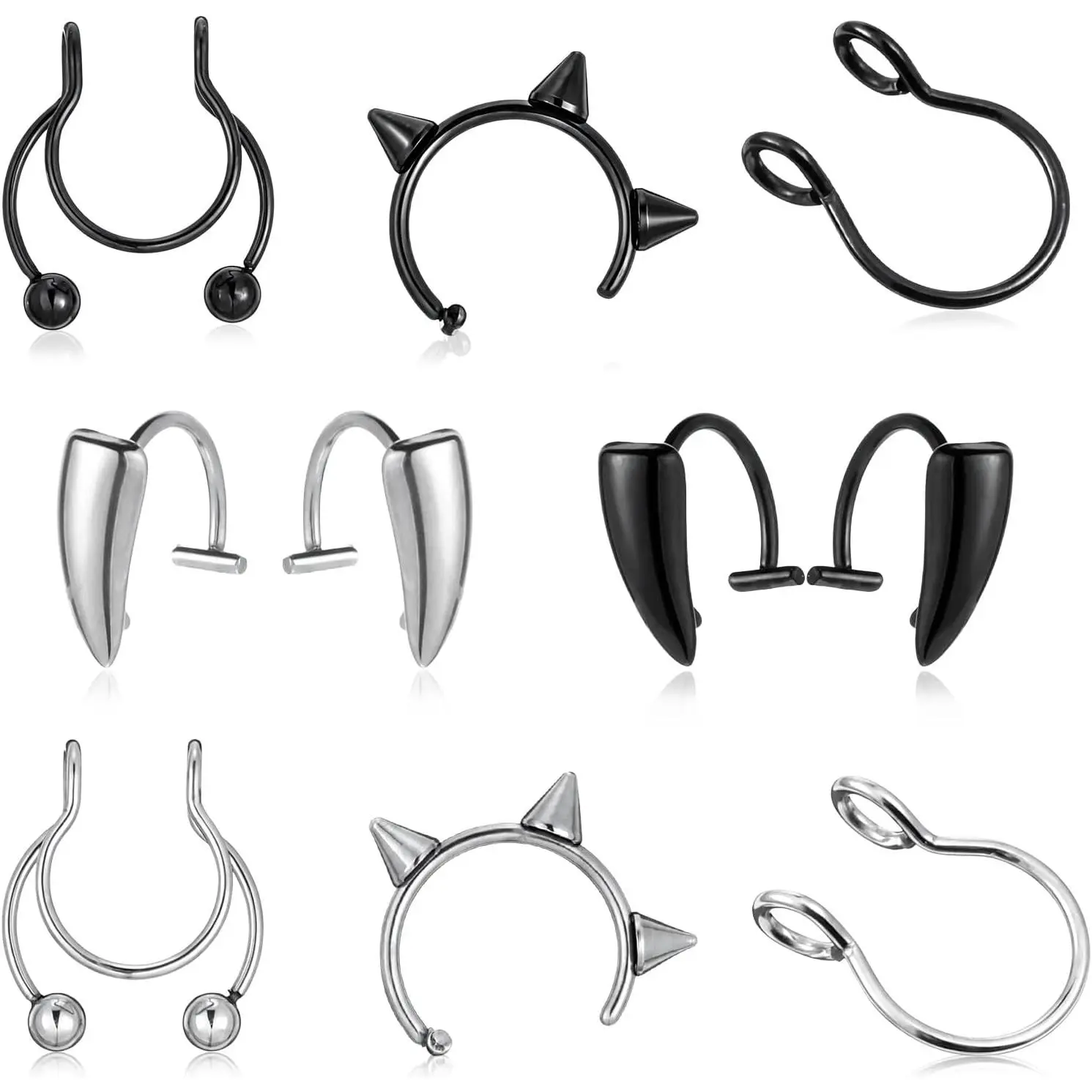 10 count  Septum Rings Stainless Steel  Lip Ring Clip  Septum  Adjustable Non- Lip   Double Hoop Nose Ring Clip  Helix Cartilage Hoop Earring Cuff for Women Men