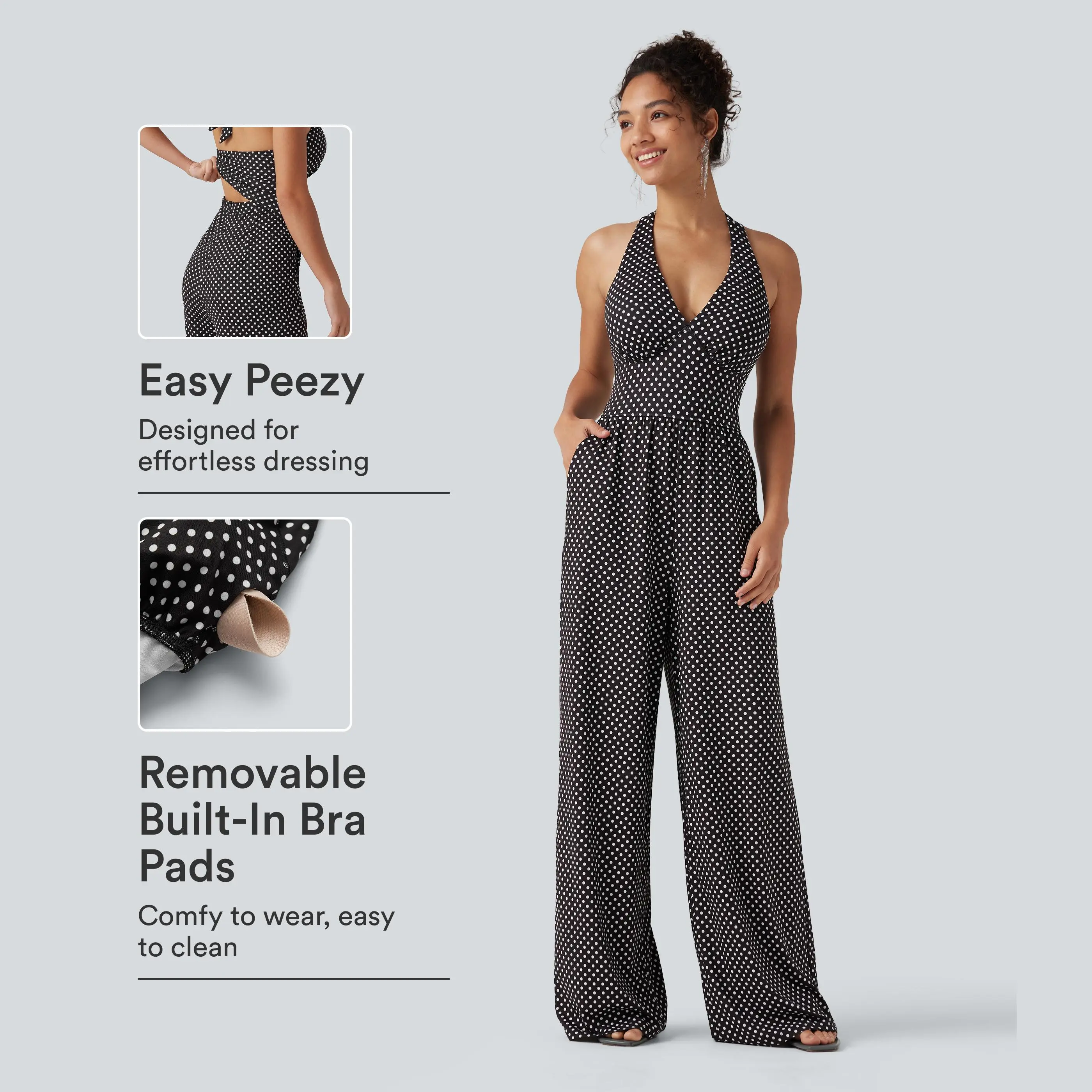 Halara Halter Sleeveless Backless Built-in Bra Polka Dot Print Resort Jumpsuit with Pockets-Easy Peezy #BackToSchool