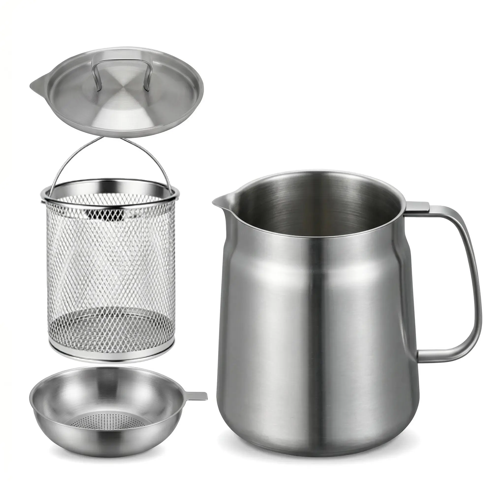 304 Stainless Steel 4-Piece Deep Fryer Pot Set - Durable, Compact Household Kitchen Supplies with Lid, Reusable Oil Dispenser, Oil Filter, Mesh Grid, Filter Basket, Tray, Utensils, Aluminum Pans (Kitchenware, Sieves & Colanders)