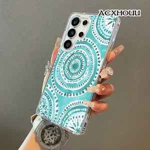 Teal Watercolor Mandala Repeat Pattern Magnetic Protective Case for SAMSUNG S26 ULTRA S25 S24 S23 S22,Aesthetic Design Shockproof,Silicone,Lightweight,Scratch Resistant,and Girly