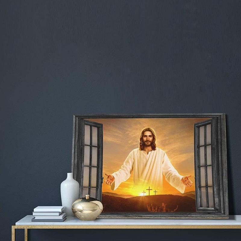 1 Count Jesus Christ Canvas Wall Art Jesus Greets You Welcome Back Window View Sunset Poster Christian Religious Modern Artwork Christ Spiritual Prints Framed Wall Decor For Bedroom Living Room 16x24inch