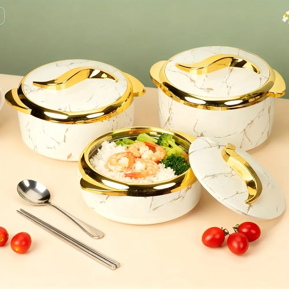 3pcs Luxury Thermal Casserole Dish Set with Lids, Stainless Steel Food Warmer (2.6/2.1/1.6 Qt) - Keep Food Hot Or Cold for Hours, Leakproof Insulated Serving Bowls for Soup, Salad, Buffets, Hot Pots, Parties And Daily Use Marble White