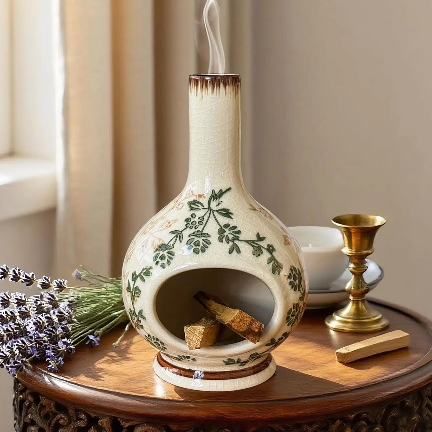 Handmade Ceramic Incense Holder - Stick & Backflow, Sage Burning Holder, Meditation & Room Accessories, Ash-Catching Design (Green, Beige)