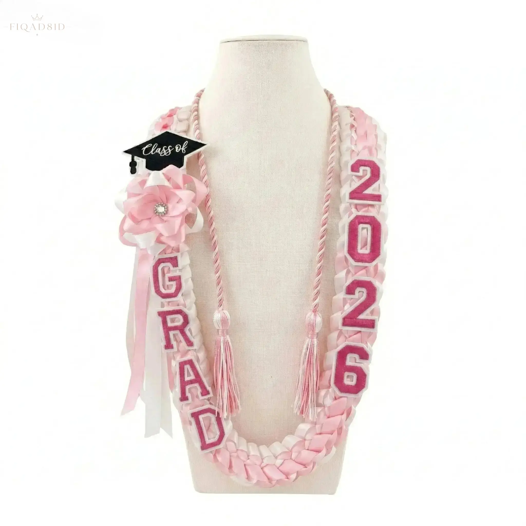 Handmade Ribbon Graduation Lei With Honor Cord Set, Class Of 2026 Embroidered GRAD Charms, Hawaiian‑Style Braided Necklace Accessory For High School And College Graduation Ceremony Souvenir Gifts