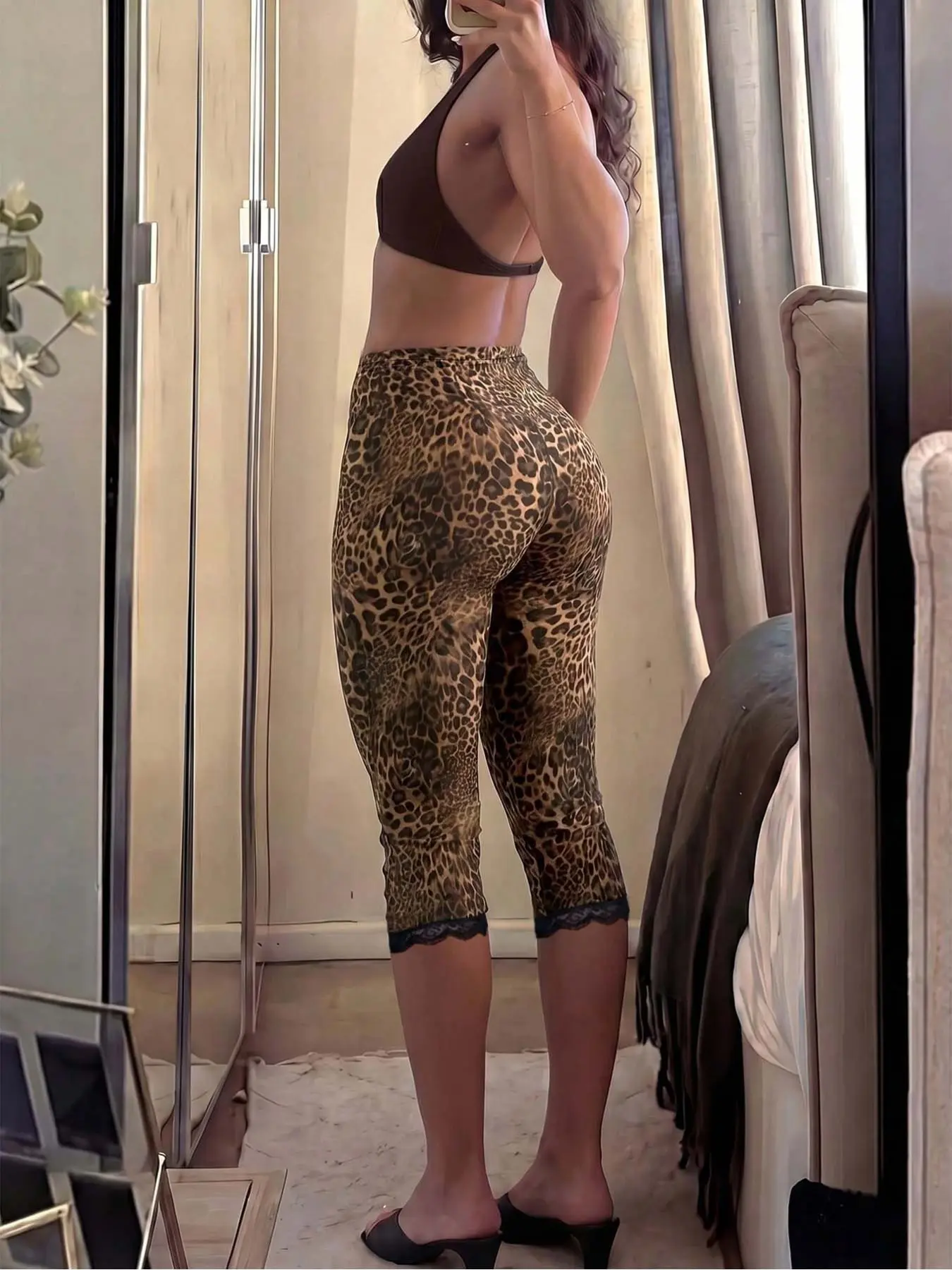 Women’s Leopard Print Capri Leggings, Aesthetic Y2K Sheer Look Knee Length Pants with Lace Trim for Going Out, Night Out, Party, Gym Casual and Summer Streetwear Outfits