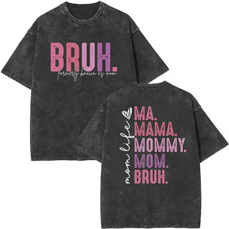 Women's Oversized "Bruh Formerly Known as Mom" Graphic T-Shirt, Acid Wash Distressed Letter Print Streetwear Top, Soft Cotton with Round Neck, All Seasons, Machine Wash, Lightweight, Twist