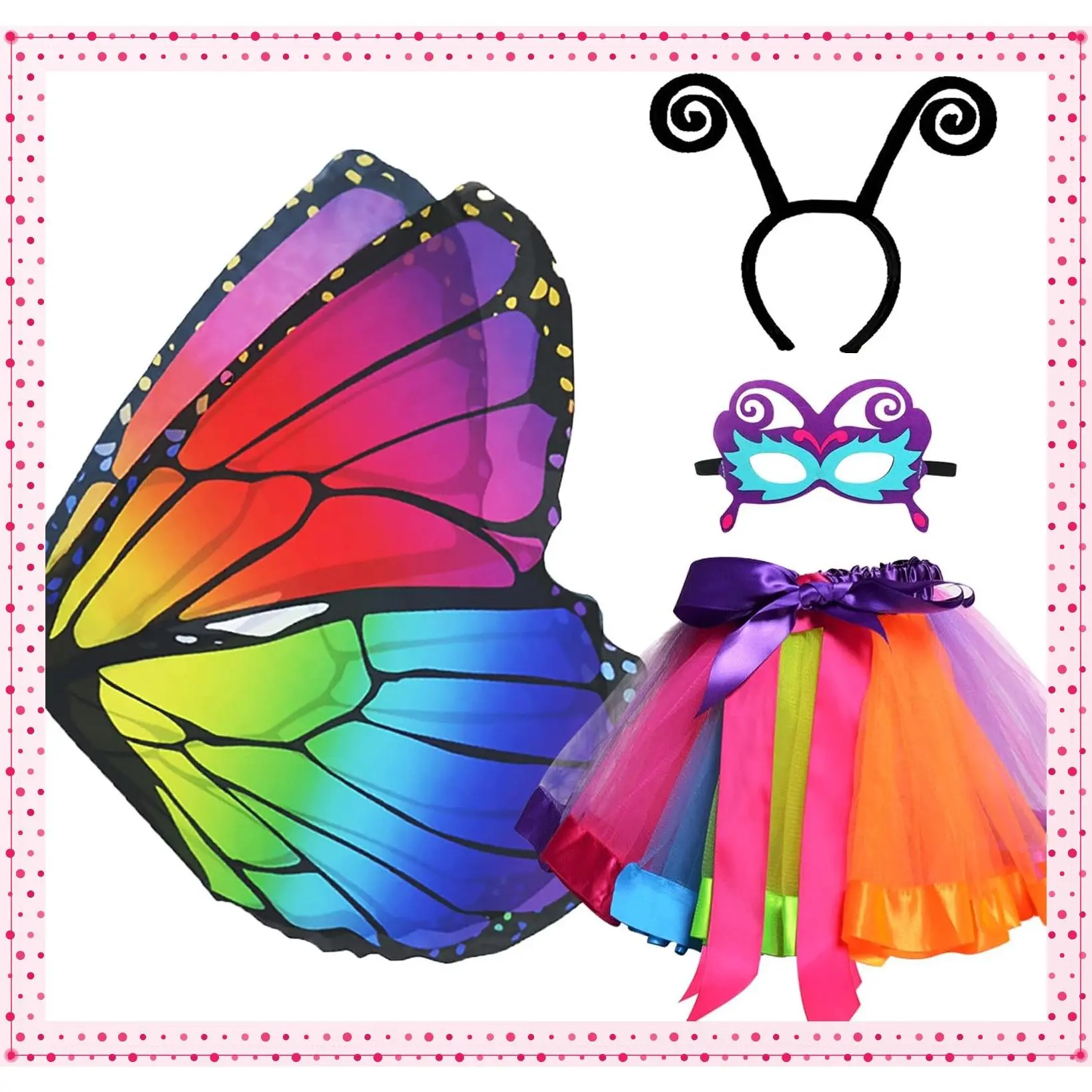 Fairy Butterfly Wings Costume for Girls Dress Up with Rainbow Tutu Mask Headband Bug Toys Kids Party GiftsGift
