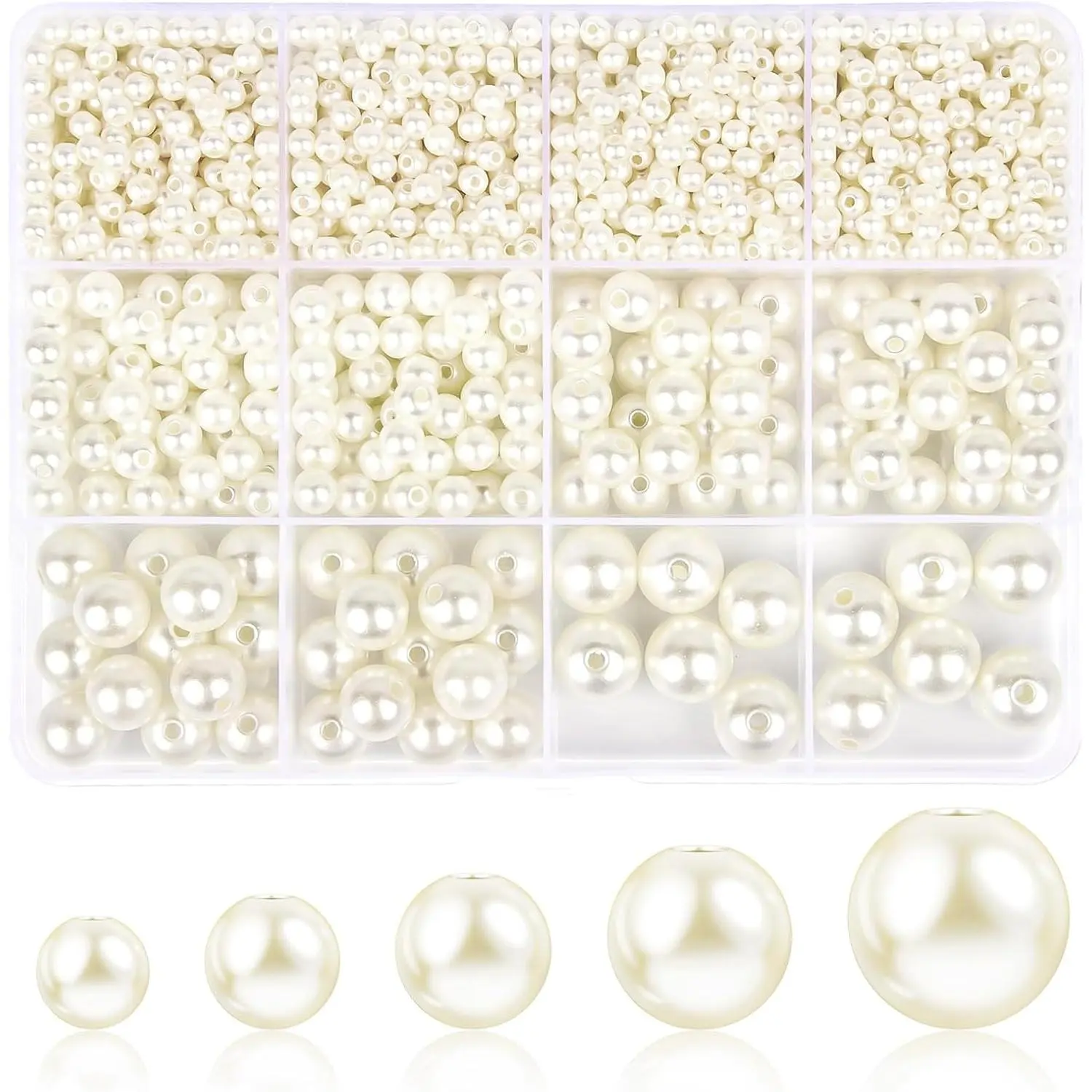 1228 count  Beads for  Making, 5 Sizes (4mm, 6mm, 8mm, 10mm, 14mm) Round  Imitation  with Holes for Bracelets, Necklaces, Crafts, Vase Fillers