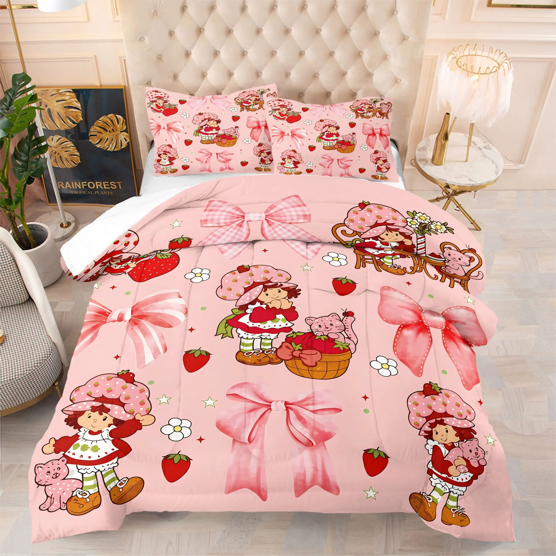 Sweet Strawberry Girls Pink Ribbon Bow Comforter Set, Soft Breathable Coquette Cartoon Themed Bedding, 1 Comforter + 1-2 Pillowcases, Lovely Gift for Girls Daughter, Twin/Full/Queen Size for Bedroom Dorm