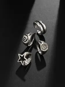 4 Pcs Vintage Silver Color Stackable Rings, Star Spiral Design, Unisex Punk Style, All Seasons Jewelry Set, Retro Streetwear Accessories, Costume Jewelry Rings