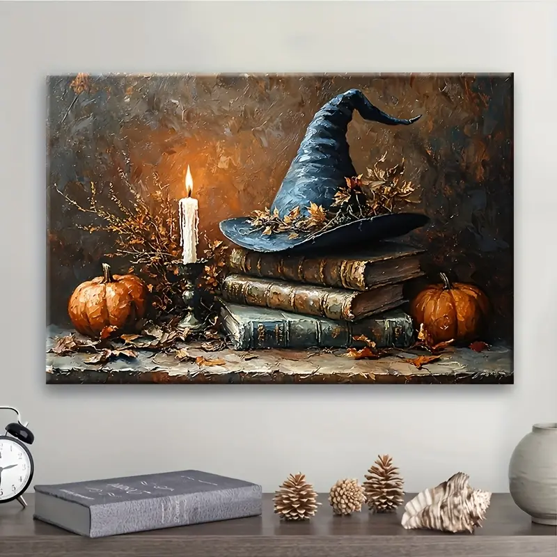 A wrapped solid wood frame, complete with a beautiful poster. This Halloween witch hat is perfect for decorating rooms, houses, holidays, living rooms, and entrances, Canvas Prints