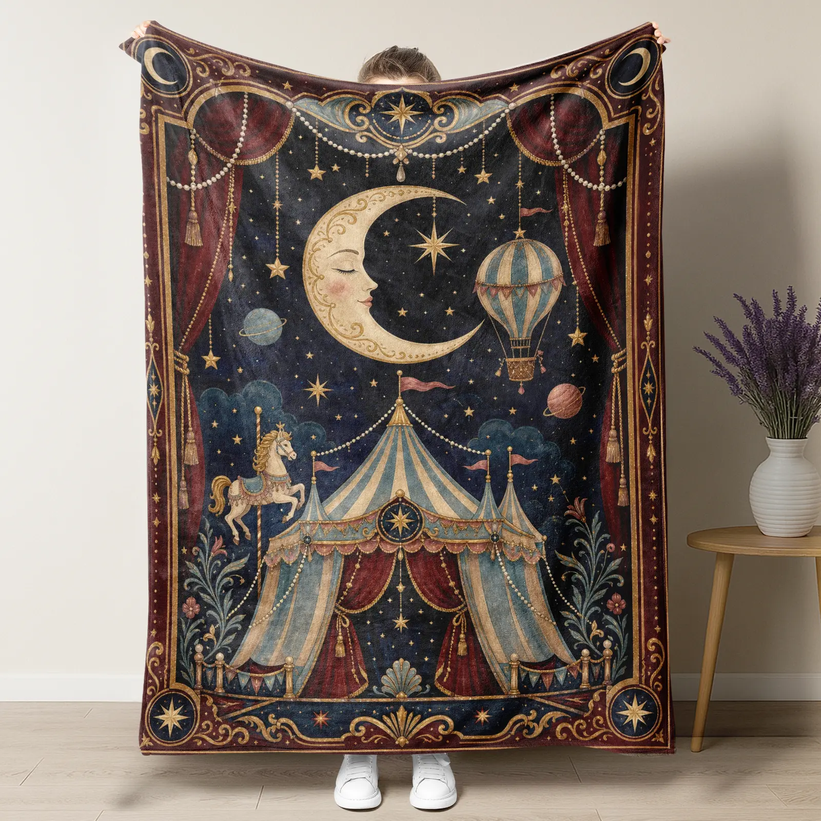 Dark Starry Night Carnival Flannel Blanket,Antique Moon Face Circus Tent Carousel Horse Celestial Floral Border Cozy Throw Blanket,Vintage Tarot Aesthetic Mystical Bedroom Decor Blanket For Boho Lovers