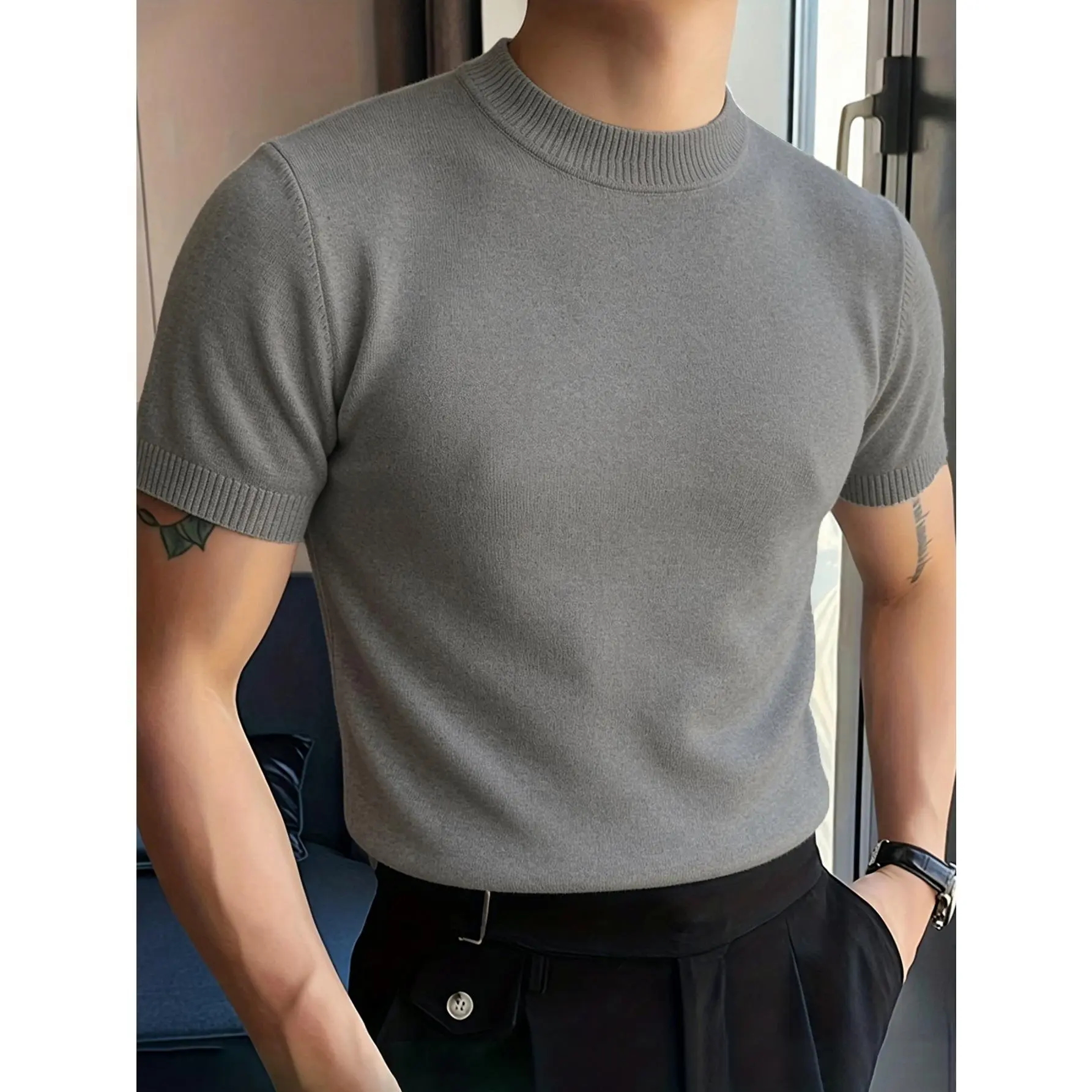 Slim fit fine knit short sleeve crew neck tee with ribbed collar and cuffs, smooth lightweight soft stretch knit fabric tailored streamlined silhouette minimalist basic top staple for smart casual modern mensfashion styling