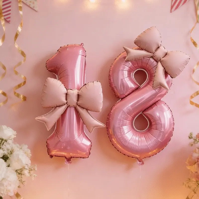 5pcs/set 2 32 inch 1 and 8 digit aluminum foil balloons, 2 21 inch bow balloons, 1 piece of balloon glue for 18th birthday decoration balloons, adult gift decoration balloons, themed birthday party decoration balloons, Number Balloons