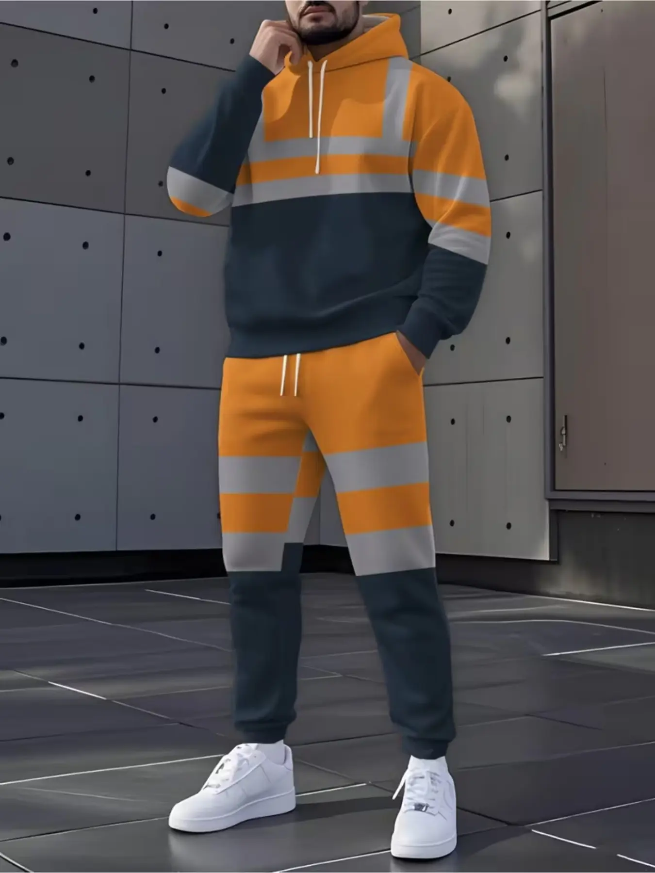 High Visibility Reflective Stripe Sports Set, Unisex Casual Pullover Sweatshirt and Long Pants Two-Piece Set, Fall & Winter Wear