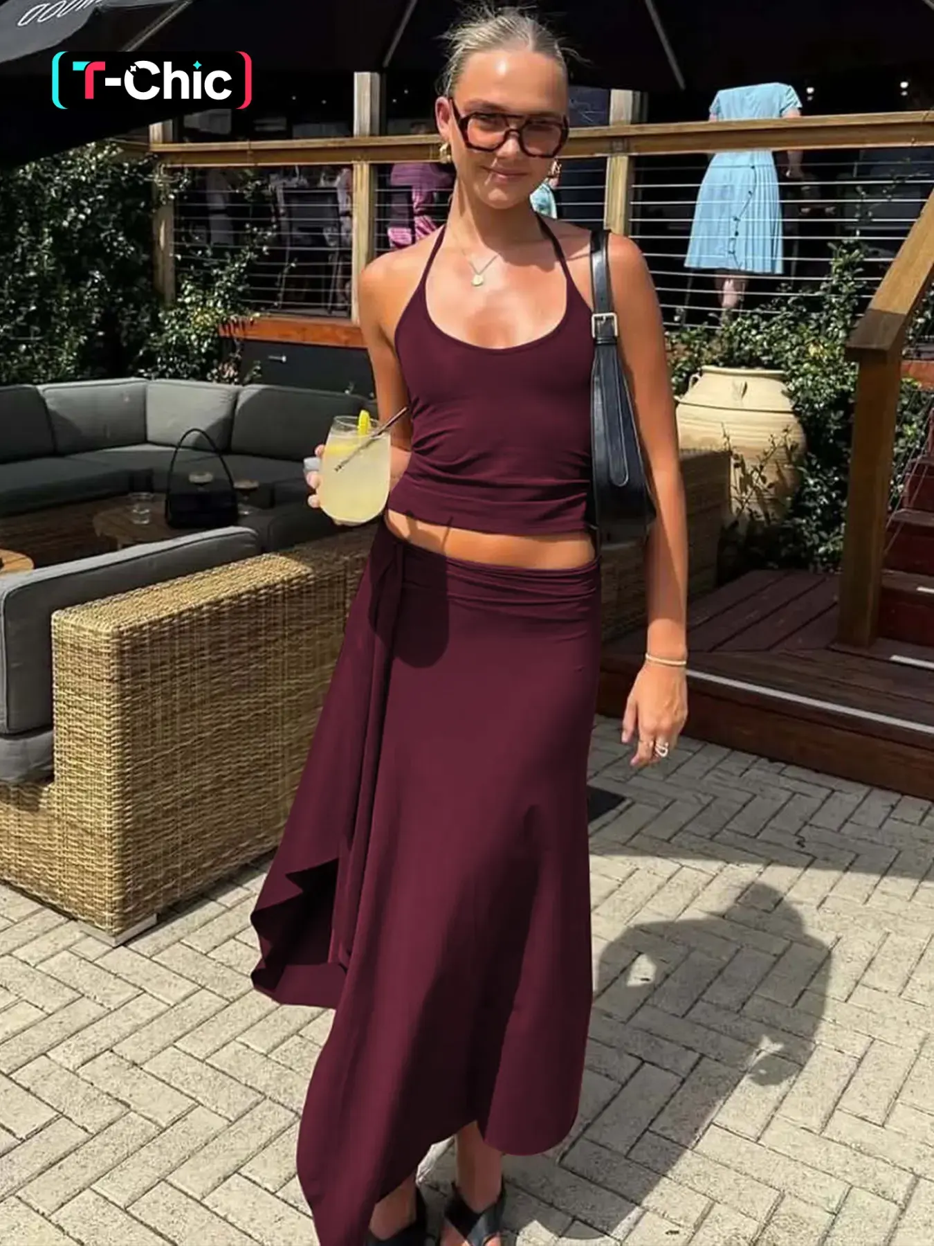 Women's Summer Matching Set, Solid Sleeveless Tie-neck Cami Top & Bodycon Side Split Irregular Hem Long Skirt Two-piece Set, Sexy Backless Halter Neck Camisole Crop Tank Tops with Slit Ruffles Skirts Suit, Ladies Party Club Date Holiday Casual Outfits