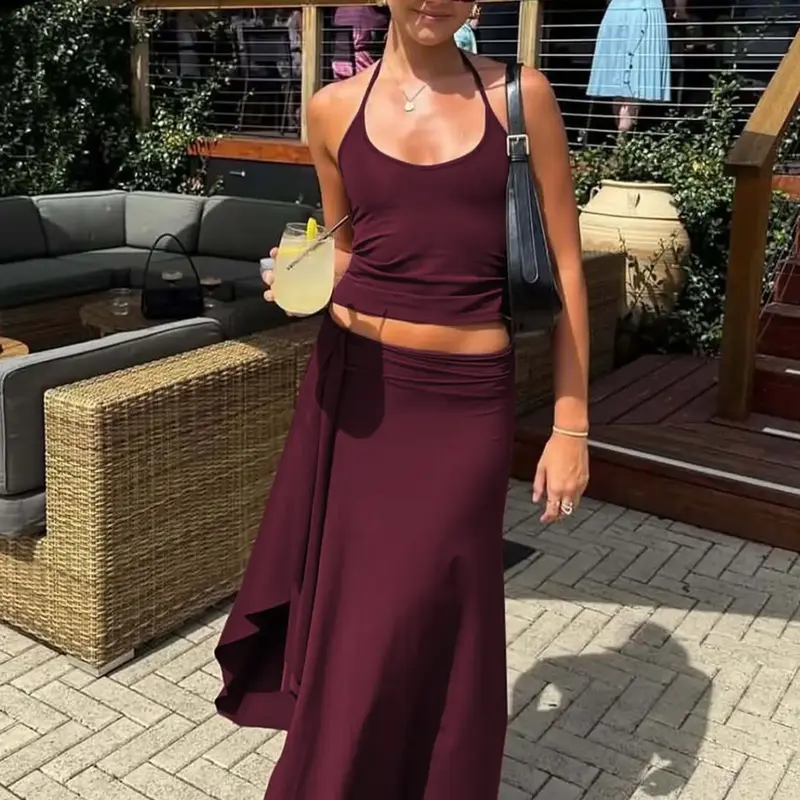 Women's Summer 2-Piece Outfit, Solid Sleeveless Backless Cami Top and Bodycon Irregular Hem Long Skirt with Side Slit, Crop Tank Top and Long Skirt Set, Ladies Party Holiday Casual Matching Set, Skirt Top Sets