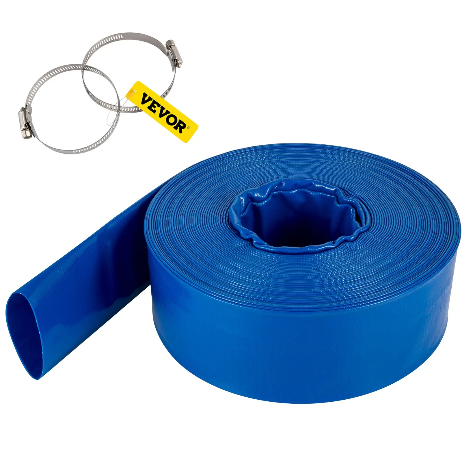 Discharge Hose, 4x 105', PVC Lay Flat Hose, Heavy Duty Backwash Drain Hose with Clamps, Weather-proof Burst-proof, Ideal for Swimming Pool Water Transfer, Blue