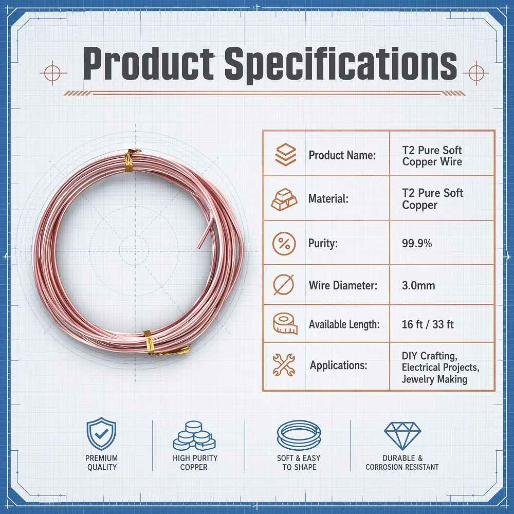 3.0mm Pure Copper Wire, 16/33 Feet, 99.9% Soft Copper, Ideal for Jewelry Making, DIY Art, Gardening, Home Decor, Handmade Crafts
