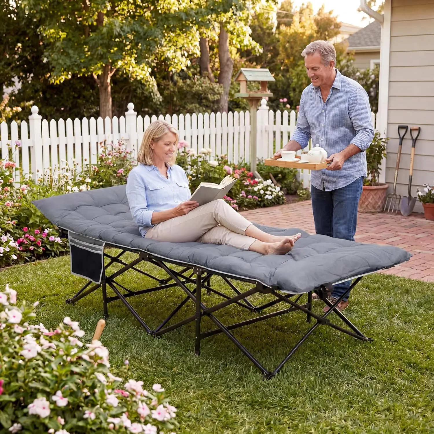 Hosslly Heavy Duty Adult Camping Folding Cot - 600lb Capacity, Blue, Reinforced Iron Frame, Adjustable Backrest, 22lbs Lightweight, Side Storage Pocket, for Camping, Home Use