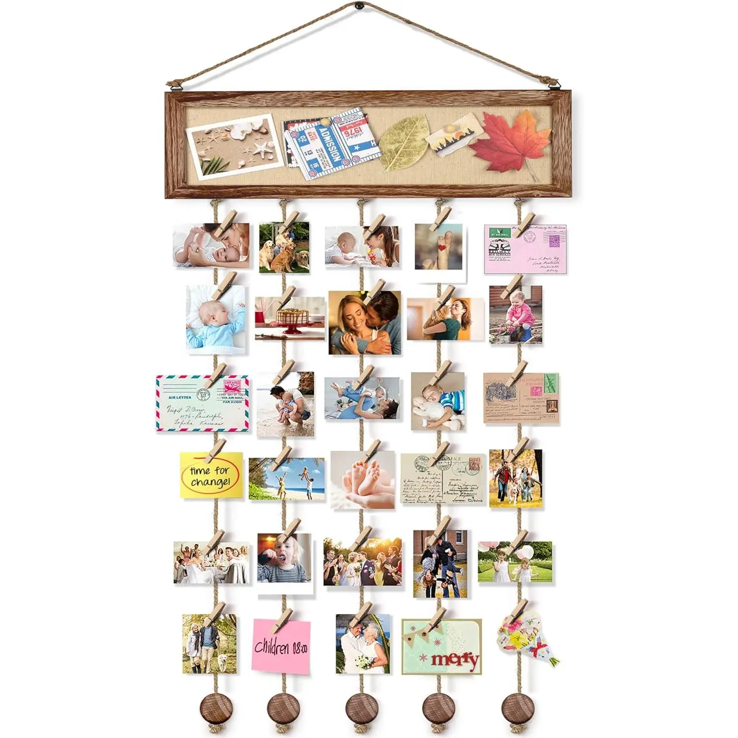 Wall Mount Wood Collage Photo Frame - Multi-Picture Organizer with 30 Clips, 6 Pushpins, Dorm Room Decor for Halloween, Postcards, Selfie Display Accessory (Mobile Phone Selfie Accessory)