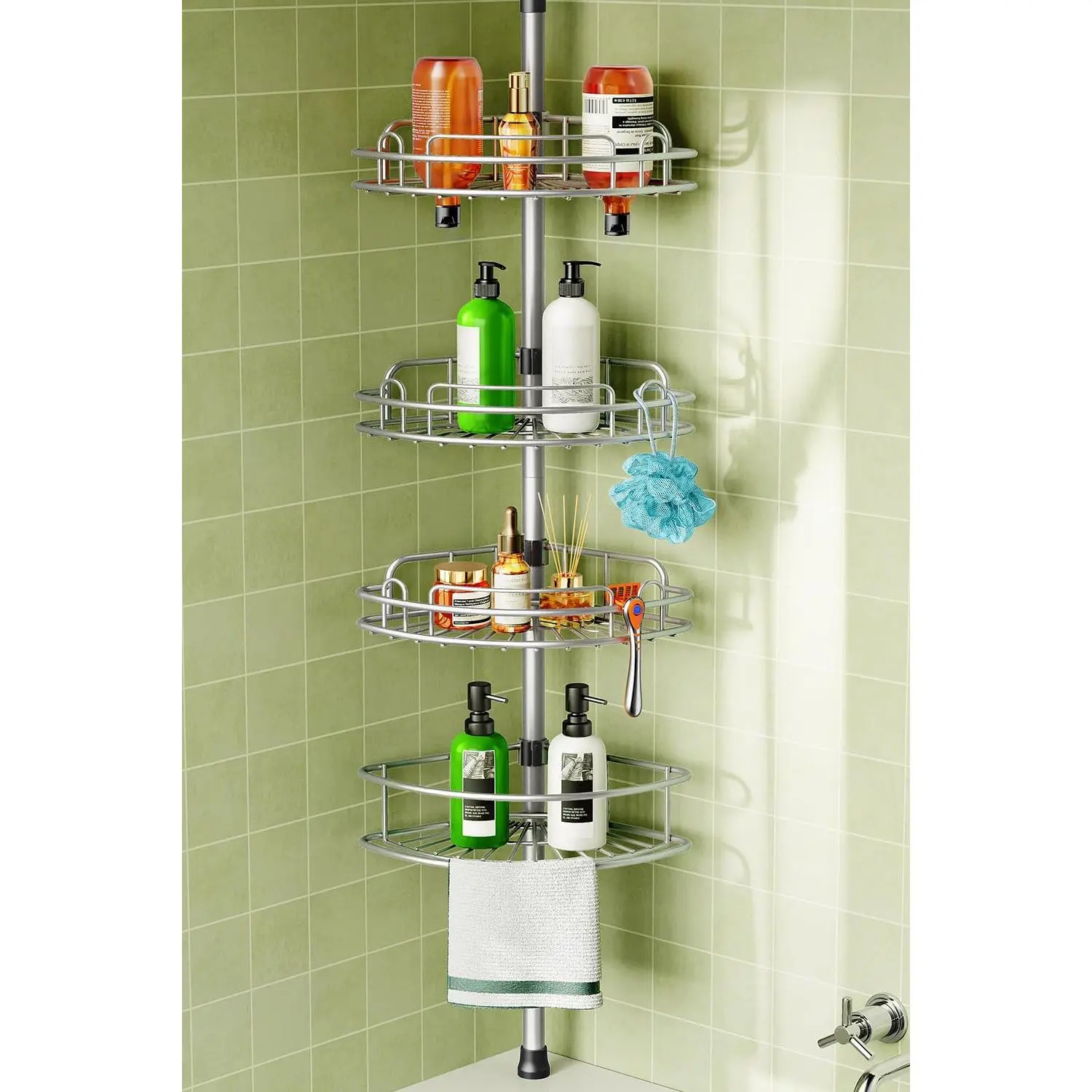 Silver Gray Adjustable 4-Tier Rust-Proof Telescopic Rod Corner Bathroom Organizer - 47-121in No-Drill Quick Installation Space Saver Racks - White Home Supplies for Renters