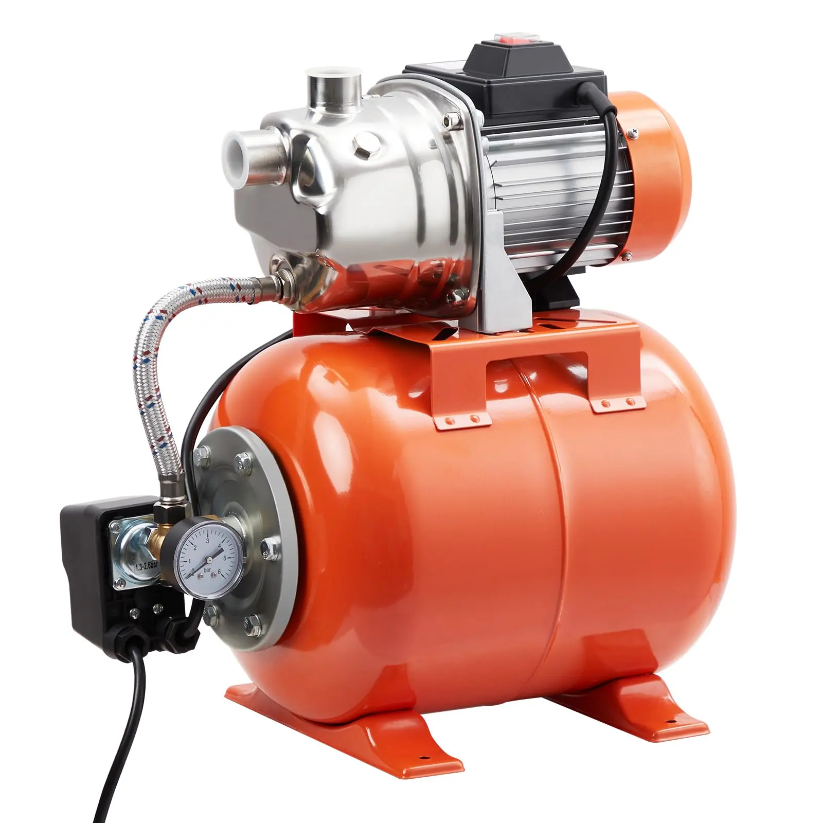 High-Efficiency Shallow Well Jet Pump System - 1HP Stainless Steel - With Pressure Tank - Automatic Water Pressure Booster for Home, Garden, Lawn, Irrigation