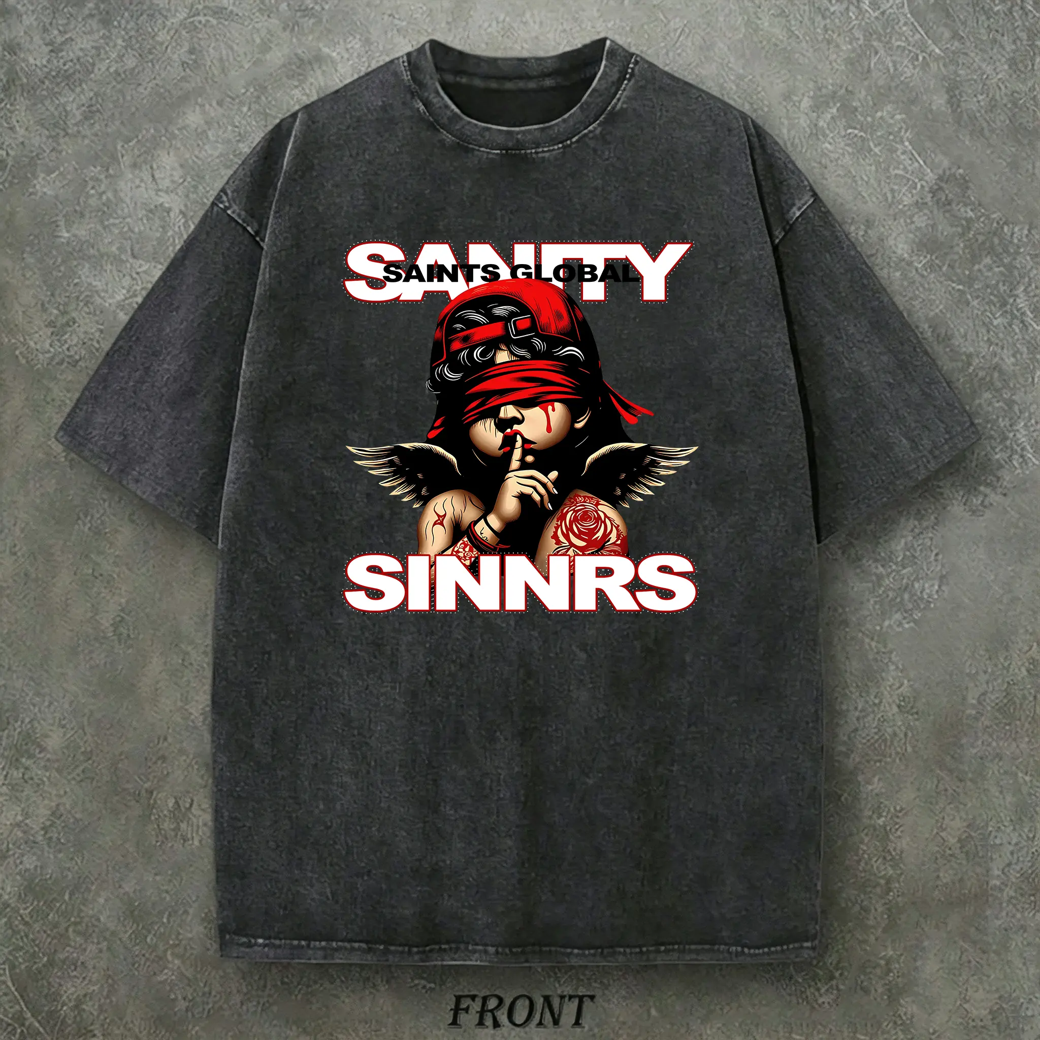 Saints Global Sanity Sinnrs T-Shirt, Blindfolded Angel Graphic Heavyweight 100% Cotton Washed Vintage Tee, Gothic Y2K Streetwear Loose Fit Short Sleeve