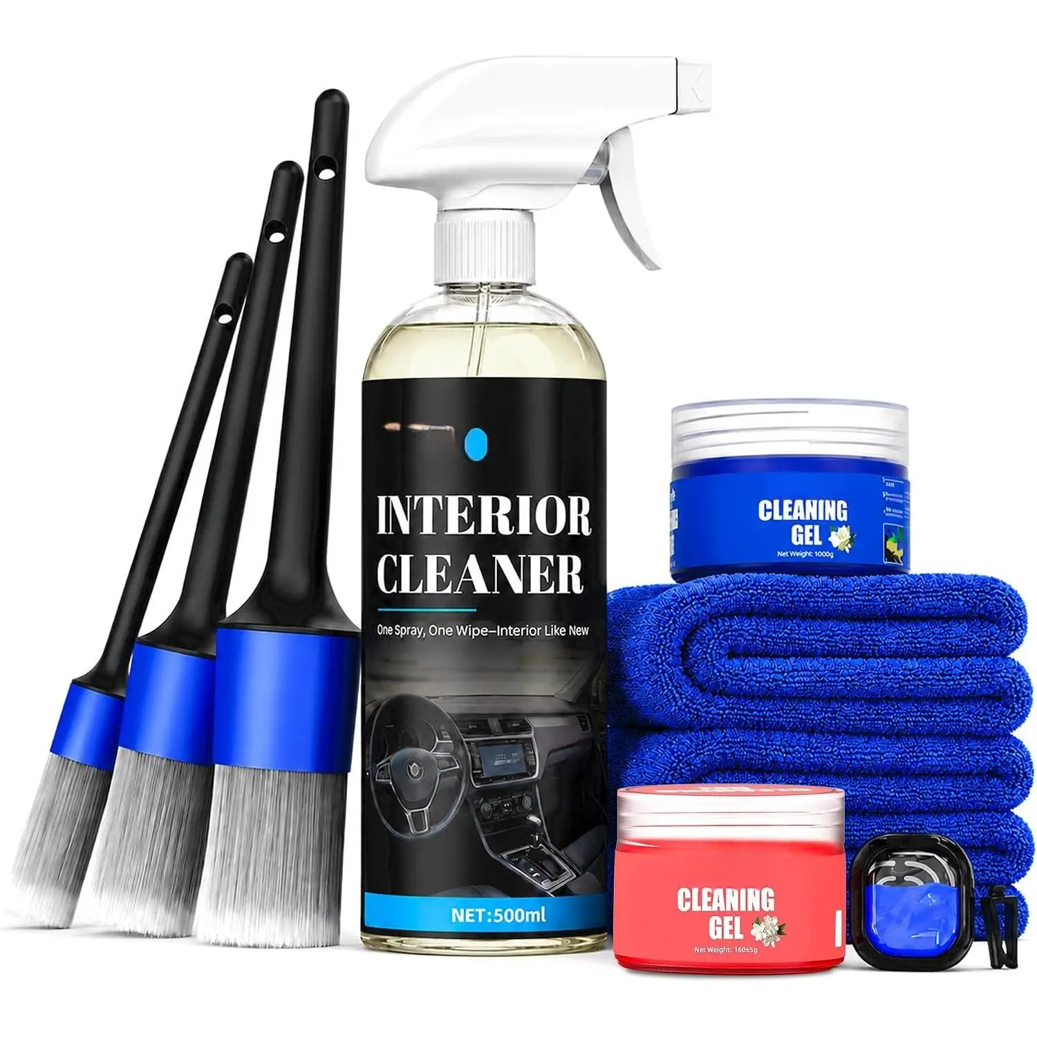 Interior Cleaning Kit 10- – No-Rinse Deep Cleaner for Dashboard, Seats, Vents & Cup Holders – Includes Gel, Brushes, Towels & Freshener – Safe for Leather, Vinyl & Plastic Surfaces