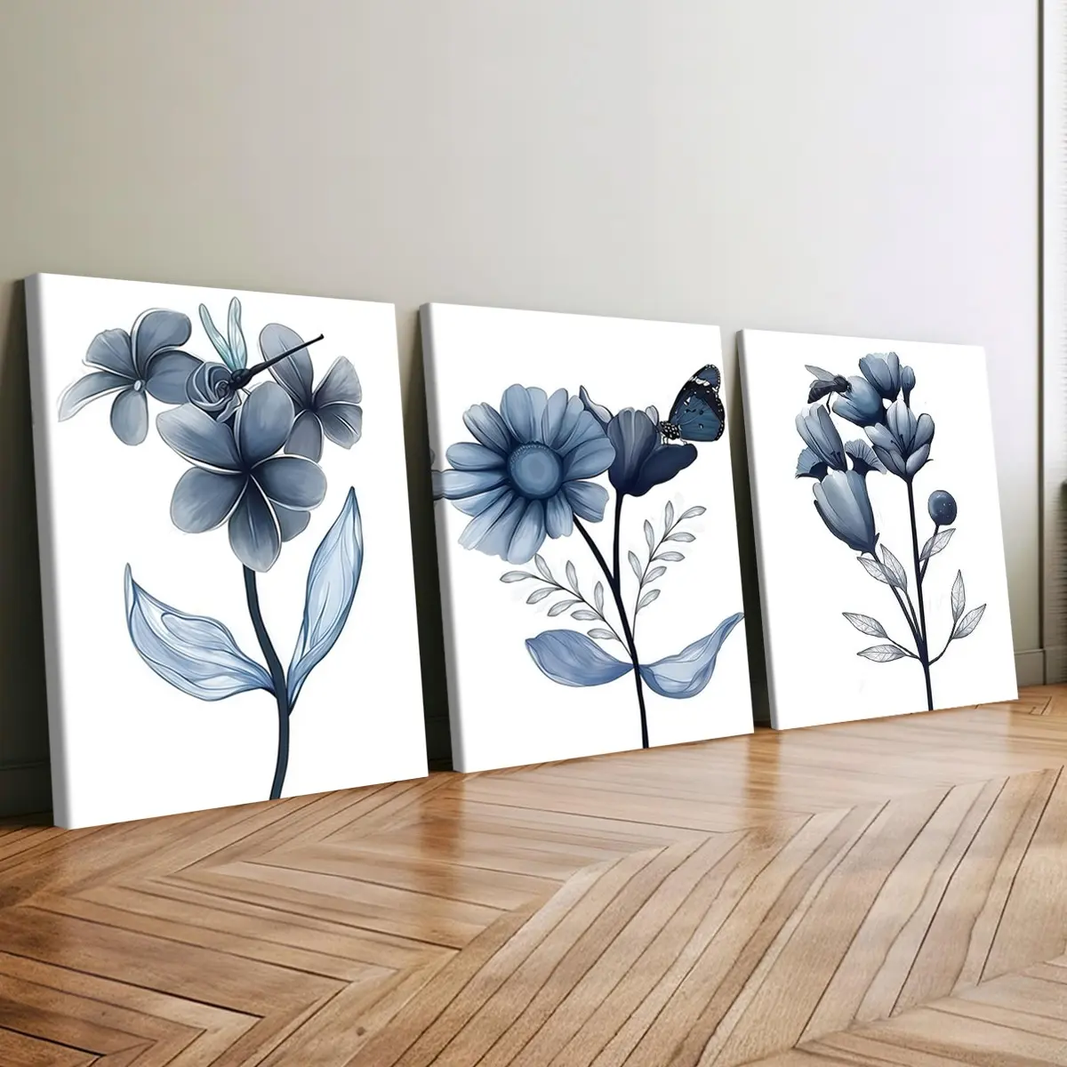 3 count wood frame canvas, blue flower butterfly elegant art poster, fashion family decorative painting, modern art, suitable for bedroom, living room, office wall art, delicate and durable, waterproof art
