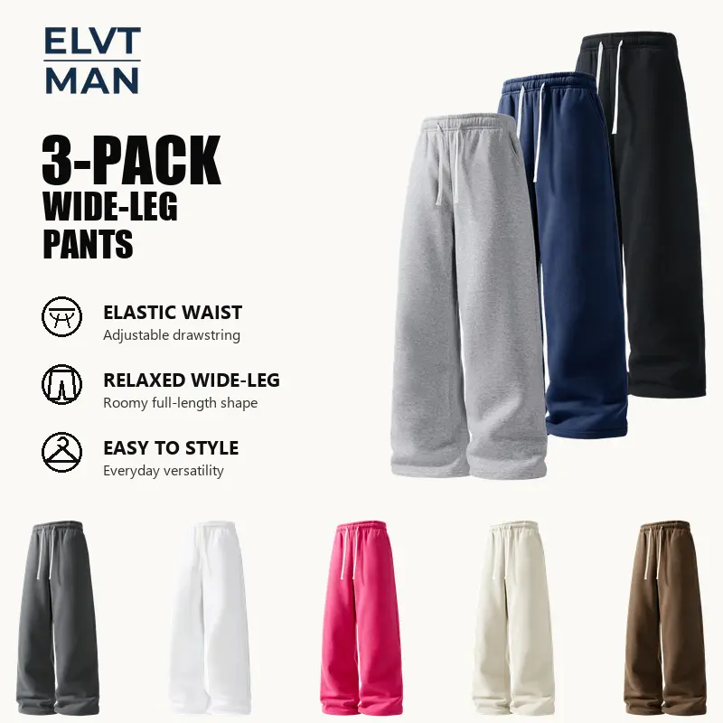 Men's 3-Pack Sweatpants, Full-Length Oversized Wide Leg Streetwear Chic Fleece Blend Pants with High Drawstring Waist and Pockets, Male, Gym Loungewear, Loose-Fit, Mens Clothing, Baggy Sweatpants, Drawstring Sport Pants, Adjustable Drawstring Sweatpants G