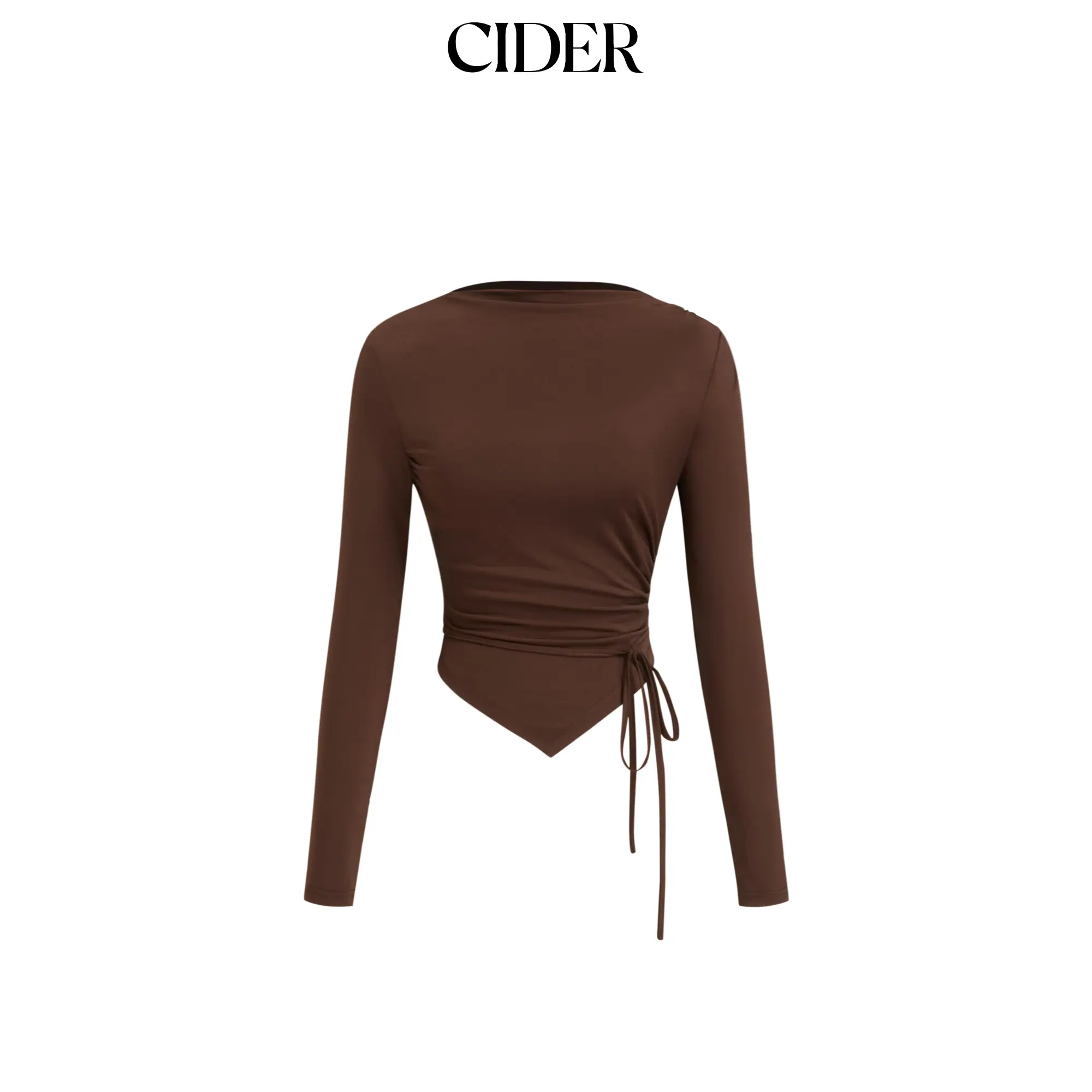 Cider Boat Neck Long Sleeve Ruched Tie Side Asymmetrical Hem Top SummerFinds