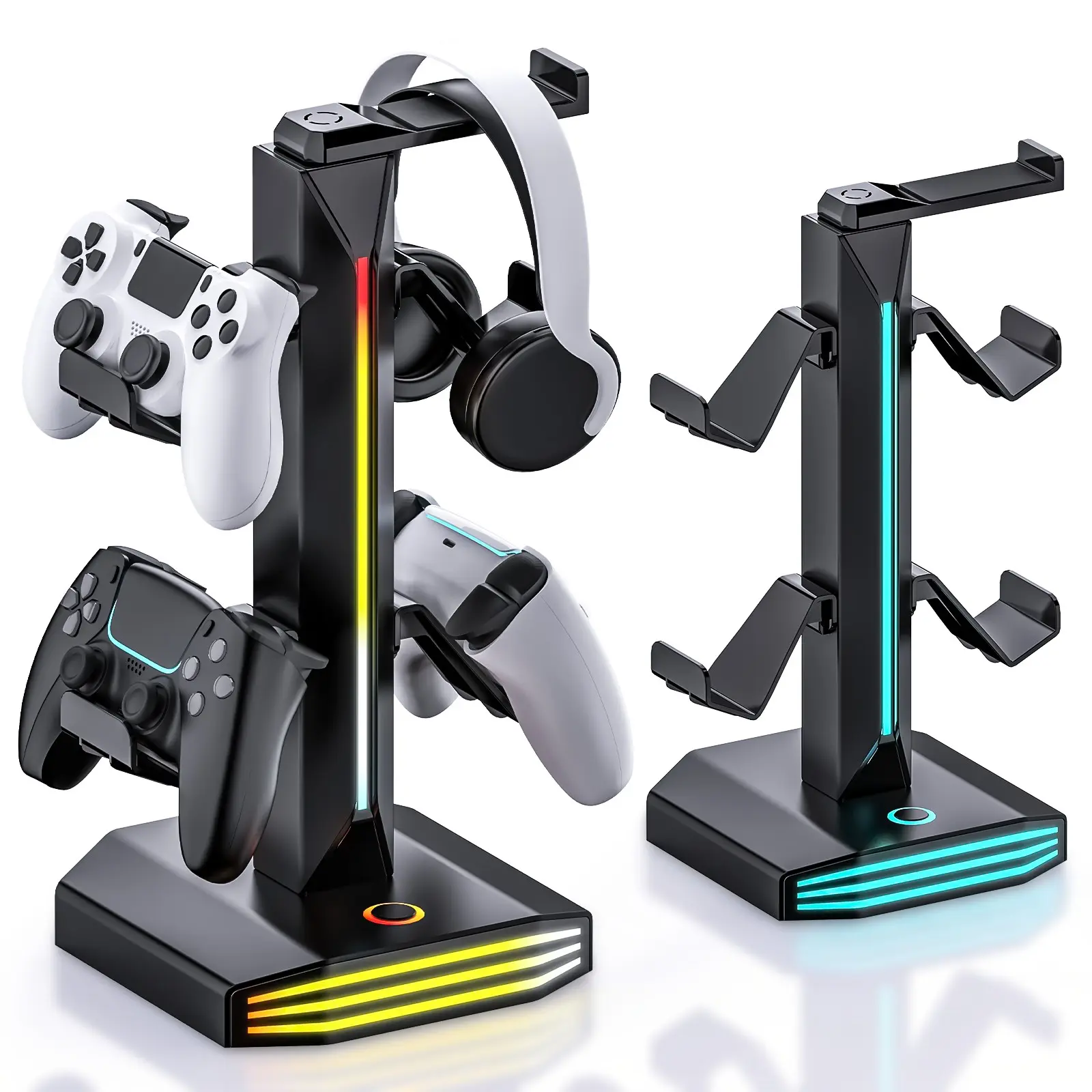 RGB Controller Holder & Headset Stand for Desk, 4-Controller Gaming Organizer with 360° Rotating Headphone Hanger, 7-Color Lighting, 2 USB-A Ports, Detachable Holders & Non-Slip Base for Multi-Platform Gamepads